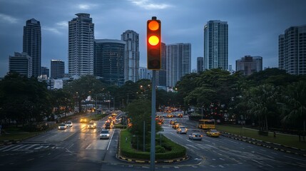 Obraz premium A beautifully composed shot of a traffic light glowing brightly at dusk, with city buildings and street reflections creating a moody urban atmosphere.