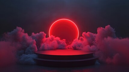 Obraz premium Dramatic Red Sunset Over Cloudy Stage with Neon Glow Effect
