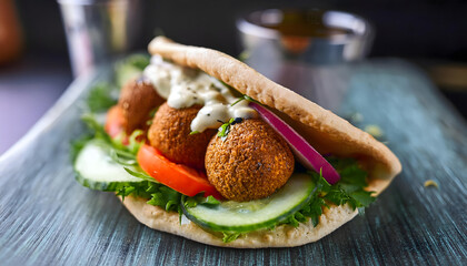 falafel, pita, new, modern, food, bread, meal, with, salad, tomatoes, herbs, sauce, closeup, photo, veggie, vegan, macro, ad, marketing, lunch, sandwich, snack, adverstising, on, wooden, table, ad