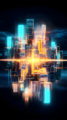Fototapeta premium Futuristic city reflection, glowing metropolis, digital architecture, abstract design, technology concept, perfect for tech websites