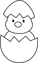 Chick in cracked egg outline.
Cute eggshell chick coloring drawing isolated.
Newborn chick.
Easter icon.
Transparent background.