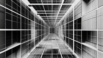 Abstract perspective of a black and white corridor with gridded, repeating patterns.