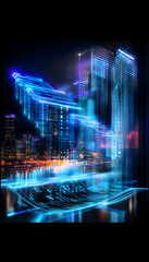 Fototapeta premium Futuristic city skyline at night, digital hand interacting with data, showcasing technological advancement and urban development, ideal for tech or finance