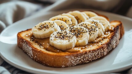 A beautifully styled shot of toasted bread with a spread of almond butter, topped with sliced bananas and chia seeds, arranged on a white plate with soft natural lighting.