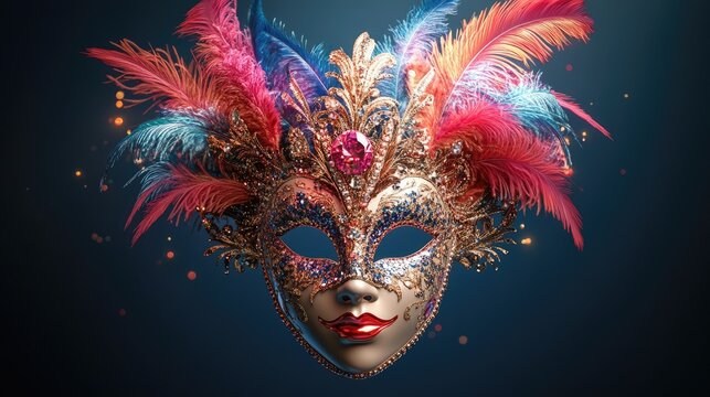 A vibrant masquerade mask adorned with feathers and jewels, symbolizing celebration and mystery.