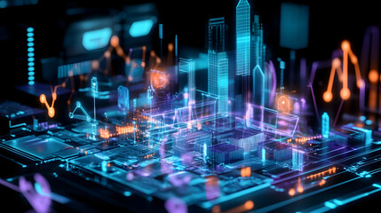 Fototapeta premium Futuristic city skyline digitally rendered on circuit board, showcasing technological innovation and urban development