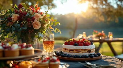 Naklejka premium Outdoor picnic featuring traditional Australian foods with a sunset backdrop and beautiful floral arrangements