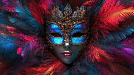 A vibrant masquerade mask adorned with feathers and jewels, evoking mystery and celebration.