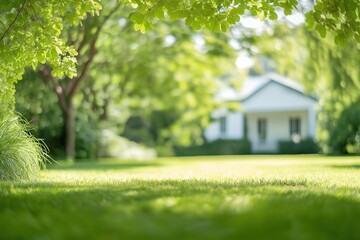 Sunny summer day in garden. Fresh green grass lawn stretches out with bokeh effect. Green trees, white house in background. Bright sunlight creates beautiful natural scene. Peaceful, tranquil outdoor