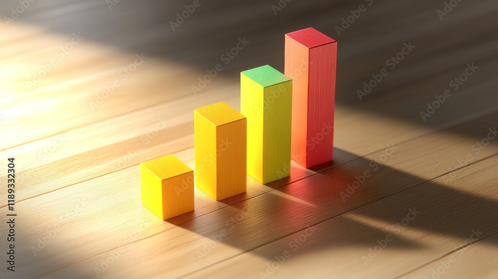 Fototapete A clear and concise business bar graph showing comparative data between competitors, featuring vibrant colors and shadows, placed on a light wooden table for emphasis.
