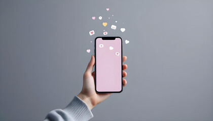 A person's hands holding a smartphone showcasing innovative floating icons symbolizing social media interaction and vibrant mobile technology trends