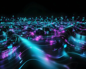 Fototapeta premium Futuristic cityscapes, digital waves, glowing neon lights, data streams, technological background. Ideal for tech, AI, and innovation concepts