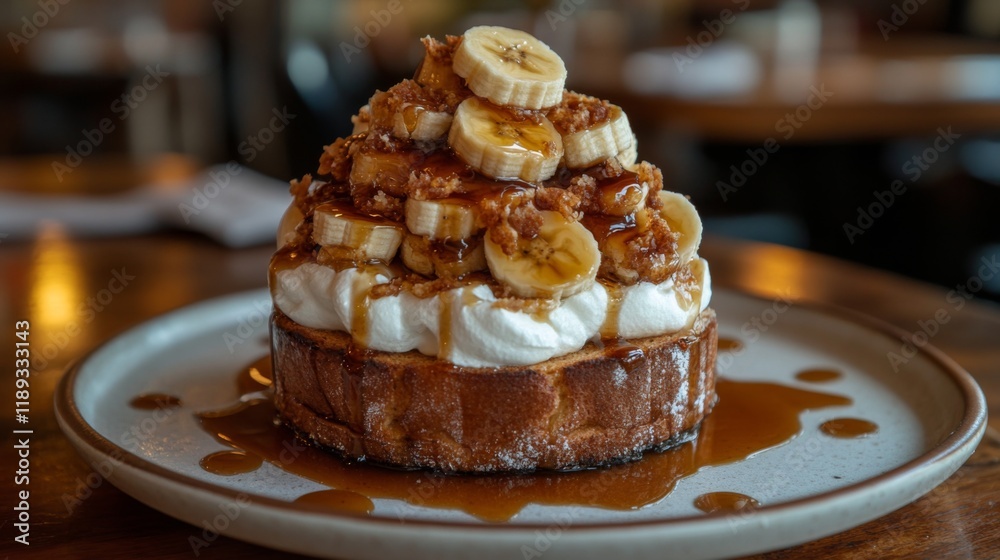Poster a close-up of a decadent honey toast dish topped with caramelized bananas, whipped cream, and a gene