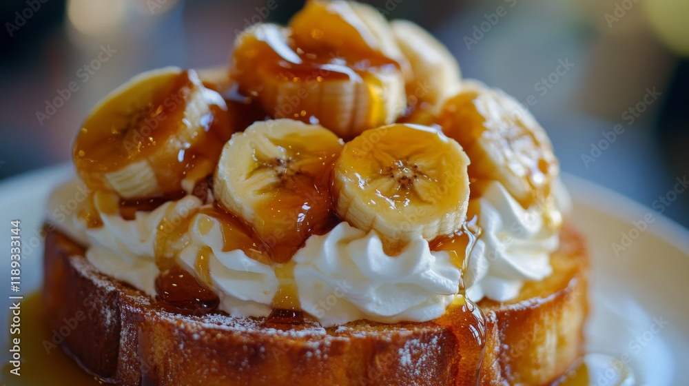 Poster a close-up of a decadent honey toast dish topped with caramelized bananas, whipped cream, and a gene