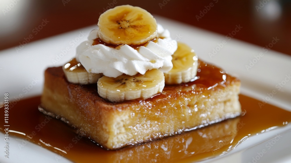 Poster a close-up of a decadent honey toast dish topped with caramelized bananas, whipped cream, and a gene
