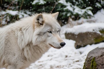Obraz premium A pack of Arctic wolves on the hunt, their sleek gray coats blending seamlessly with the snowy backdrop.
