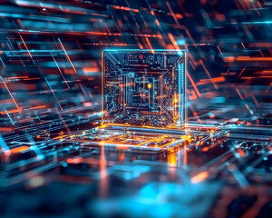 Futuristic computer processor, digital streams, technological advancement, data flow background, perfect for tech websites