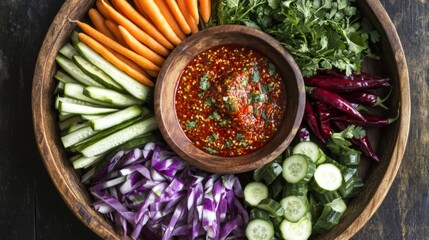 A close-up of a rustic wooden tray filled with colorful fresh vegetables like carrots, eggplants, and cucumbers, surrounding a bowl of chili paste, ready to be dipped.