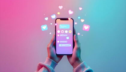 A person's hands holding a smartphone showcasing marketing and communication concepts through floating social media notifications and icons
