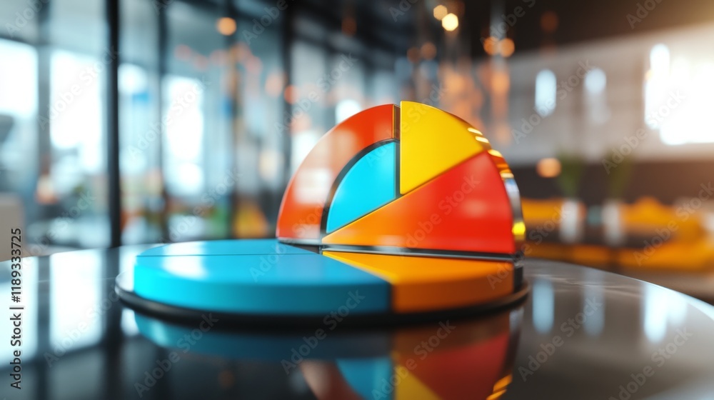 Fototapete A close-up of a segmented D pie chart highlighting market distribution, with shiny segments and smooth edges, displayed against a blurred office environment.