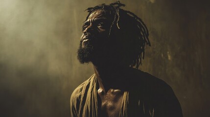 Fototapeta premium Black Jesus. A man looking upward in prayerful contemplation. 
