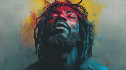 A soulful image of Black Jesus, eyes shut and face uplifted, highlighting divine connection.





