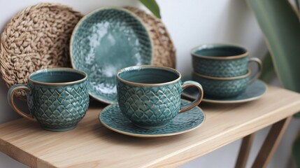 Elegant Teal Ceramic Teacups and Plates Set, Textured Design, Home Decor