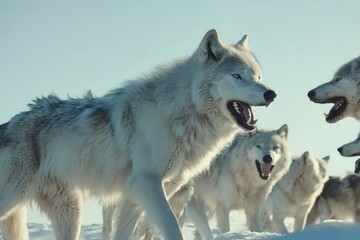 Obraz premium A pack of Arctic wolves on the hunt, their sleek gray coats blending seamlessly with the snowy backdrop.
