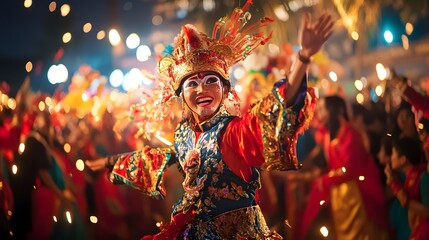 Festival dancer celebrating, night market, vibrant costumes, crowd