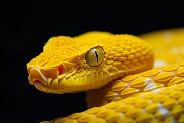 Obraz premium Close up view of a yellow viper snake showcasing its intricate scales and striking features, isolated against a dark background, highlighting nature's beauty and detail