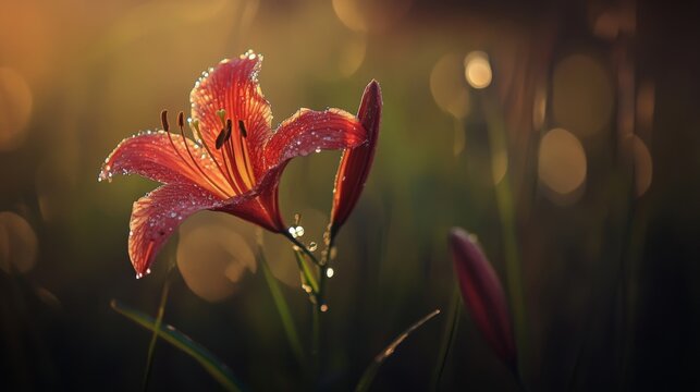 A close-up of a vibrant red flower with delicate petals adorned with glistening water droplets, capturing the beauty and freshness of nature after a rain shower.