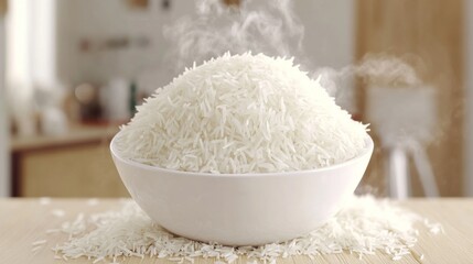 A close-up of freshly cooked jasmine rice in a white ceramic bowl, with visible steam, placed on a light wooden surface for a warm and comforting look.