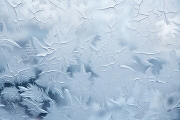 Frosted windowpanes revealing intricate patterns of ice crystals during a cold winter morning illuminated by gentle daylight