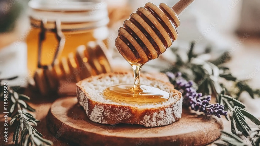 Poster A close-up of honey being drizzled over a slice of warm bread, with a jar of honey and honeycomb in the background, evoking a warm and inviting feel.