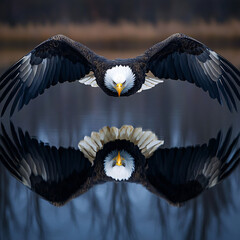 Obraz premium Majestic eagle soaring with a symmetrical reflection on a serene surface, symbolizing strength and freedom, dynamic backdrop with dramatic skies or tranquil waters, wildlife in flight