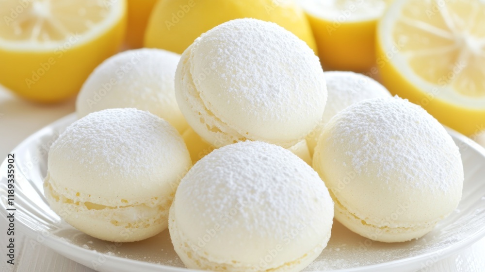Poster a close-up of lemon-flavored macarons with a light dusting of powdered sugar, placed on a white plat