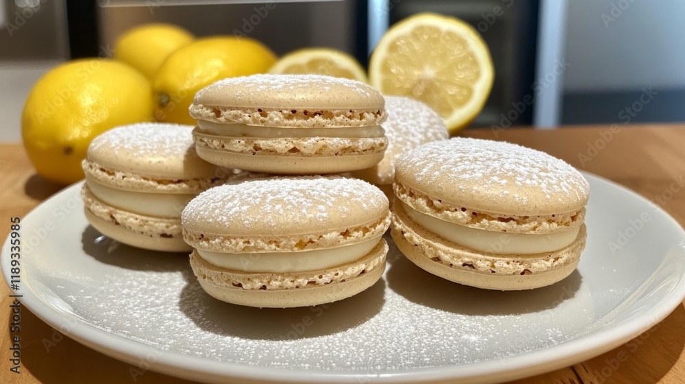 Poster a close-up of lemon-flavored macarons with a light dusting of powdered sugar, placed on a white plat