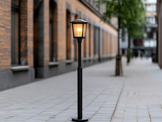 Street lamp illuminates quiet urban pathway at dusk