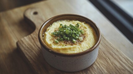 A close-up of steamed egg custard with minced pork and a sprinkle of spring onions, served in a ceramic bowl on a wooden board for a simple yet elegant presentation.