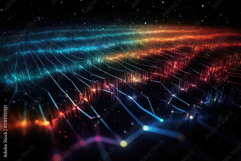 Poster an artistic interpretation of data flowing through colorful networks at night, showcasing vibrant pa