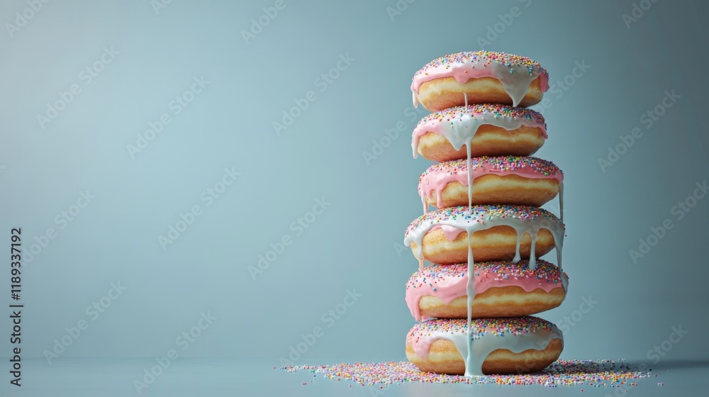 Poster a creative composition of a donut tower stacked high, with sprinkles and icing dripping down the sid