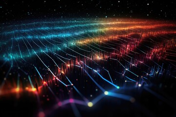 Obraz premium An artistic interpretation of data flowing through colorful networks at night, showcasing vibrant patterns and a cosmic backdrop that enhances the visual complexity and depth of digital information