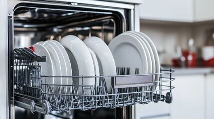 close up of a dishwasher loaded with white plates.