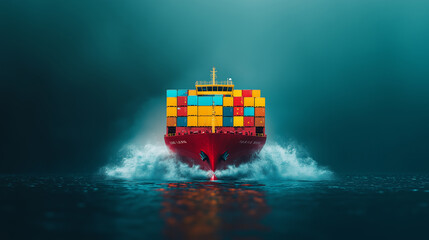 Cargo ship moves through heavy fog with colorful containers in early morning light on the water