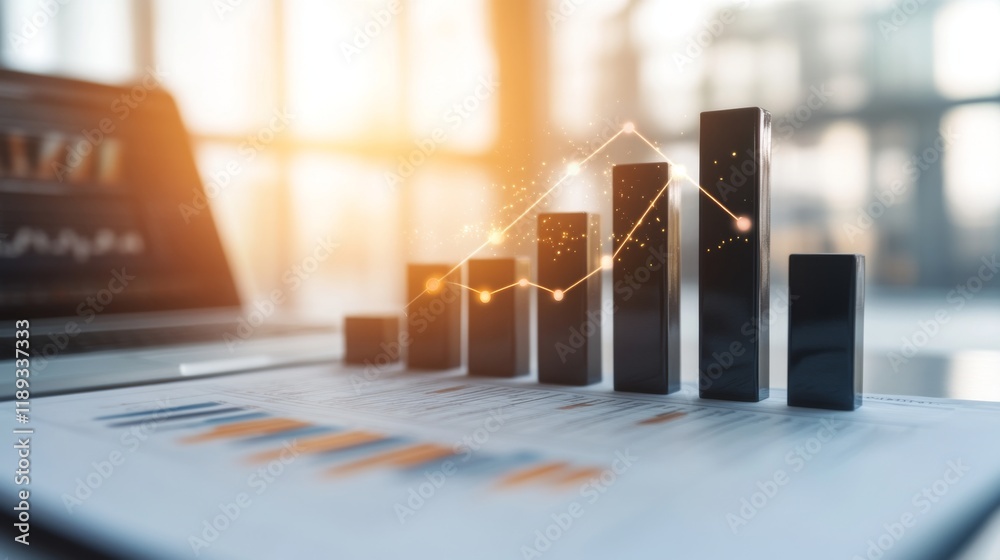 Aufkleber a detailed close-up of a business bar graph with glossy bars, showcasing performance metrics, agains