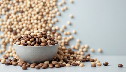 Roasted Coffee Beans and Soybeans in Bowl - Light Grey Background
