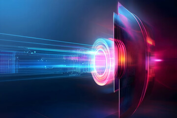 Futuristic data transfer, digital technology, abstract glowing circles, lines, and circuit boards, depicting high-speed internet, perfect for tech websites