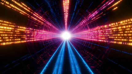 Obraz premium Futuristic data tunnel, vibrant light streaks, digital space travel, abstract background, ideal for technology concepts