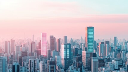 Fototapeta premium A vibrant city skyline at dusk, showcasing modern skyscrapers against a pastel sky.