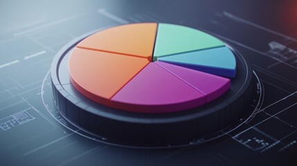 Fototapeta premium A dynamic D pie chart rotating on a digital interface, showcasing real-time data analysis with colorful segments, against a futuristic technology-inspired background.